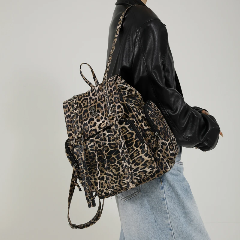 Leopard Colorblock Fashion PU Backpack Large Capacity Flap Drawstring Personalized 2024 Hot Sale Bags for Women Mochila