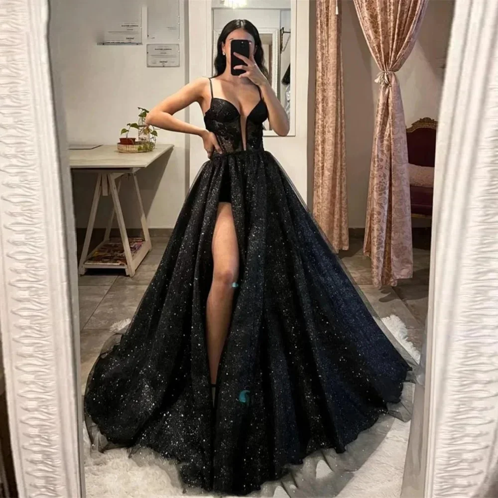 Ryanth Black Prom Dress Appliques Party Dresses for Women V-neck Evening Dress High Silt Celebrity Dress Tulle vestidos de noche