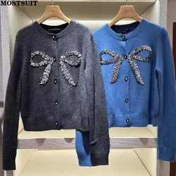 Sequins Bow Knit Sweater Cardigan Women Elegant Vintage Fashion Chic Knitwear Tops Winter Long Sleeve O-neck Ladies Jumpers 2024