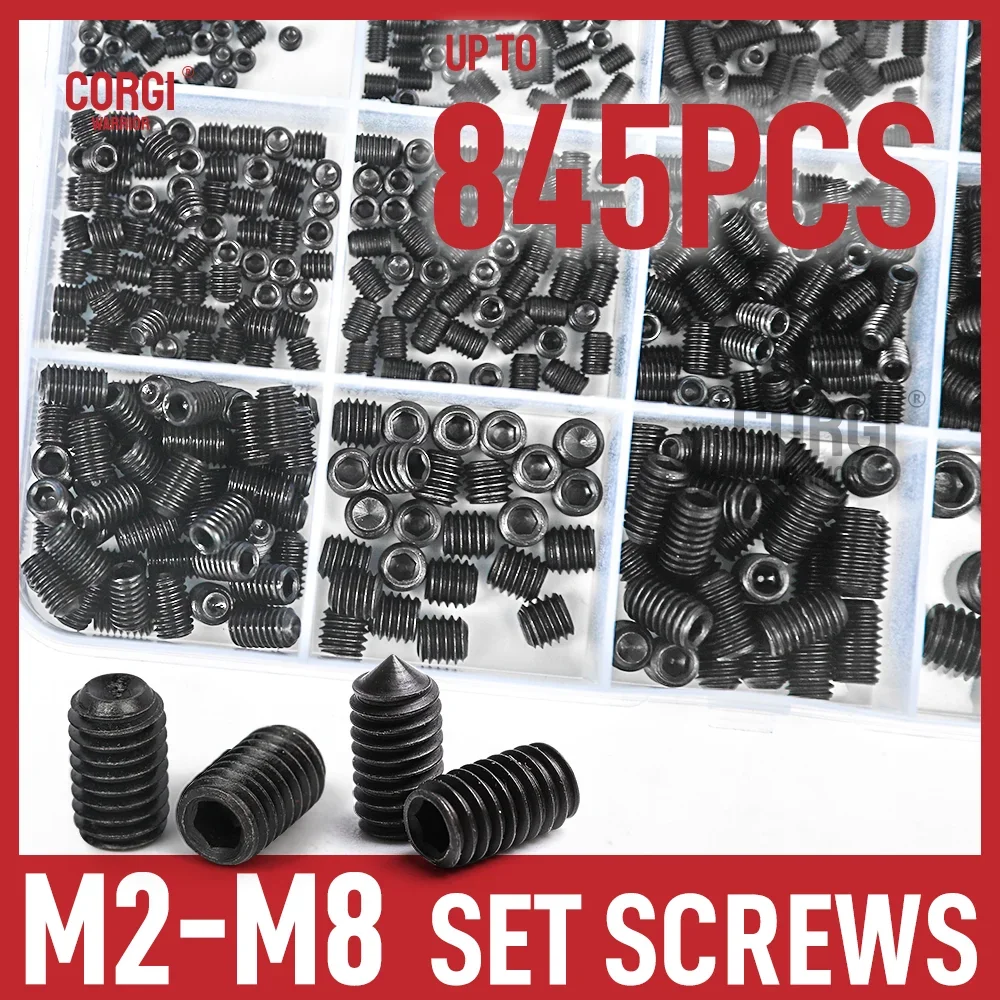 Up to 845 Metric Internal Hex Cup/Cone Point Set Screw Assortment Kit M2 M2.5 M3 M4 M5 M6 M8 Grub Screw 12.9 Class Alloy Steel