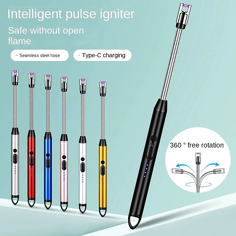 Isqueiro USB de cozinha à prova de vento 360 °   Tipo-C Arco Curvo Plasma Longo Isqueiro Doméstico Vela Fogão a Gás Isqueiro Gadgets