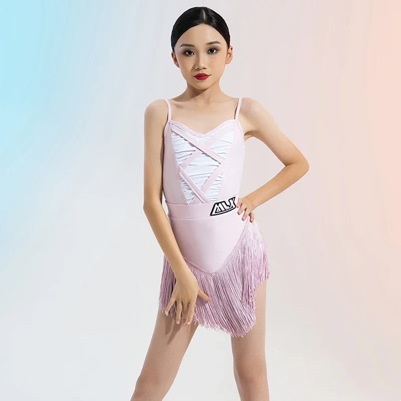 

Pink Latin Dance Dress Children Latin Training Dancewear Sling Top Fringe Skirt Girls Rumba Samba Latin Practice Clothes