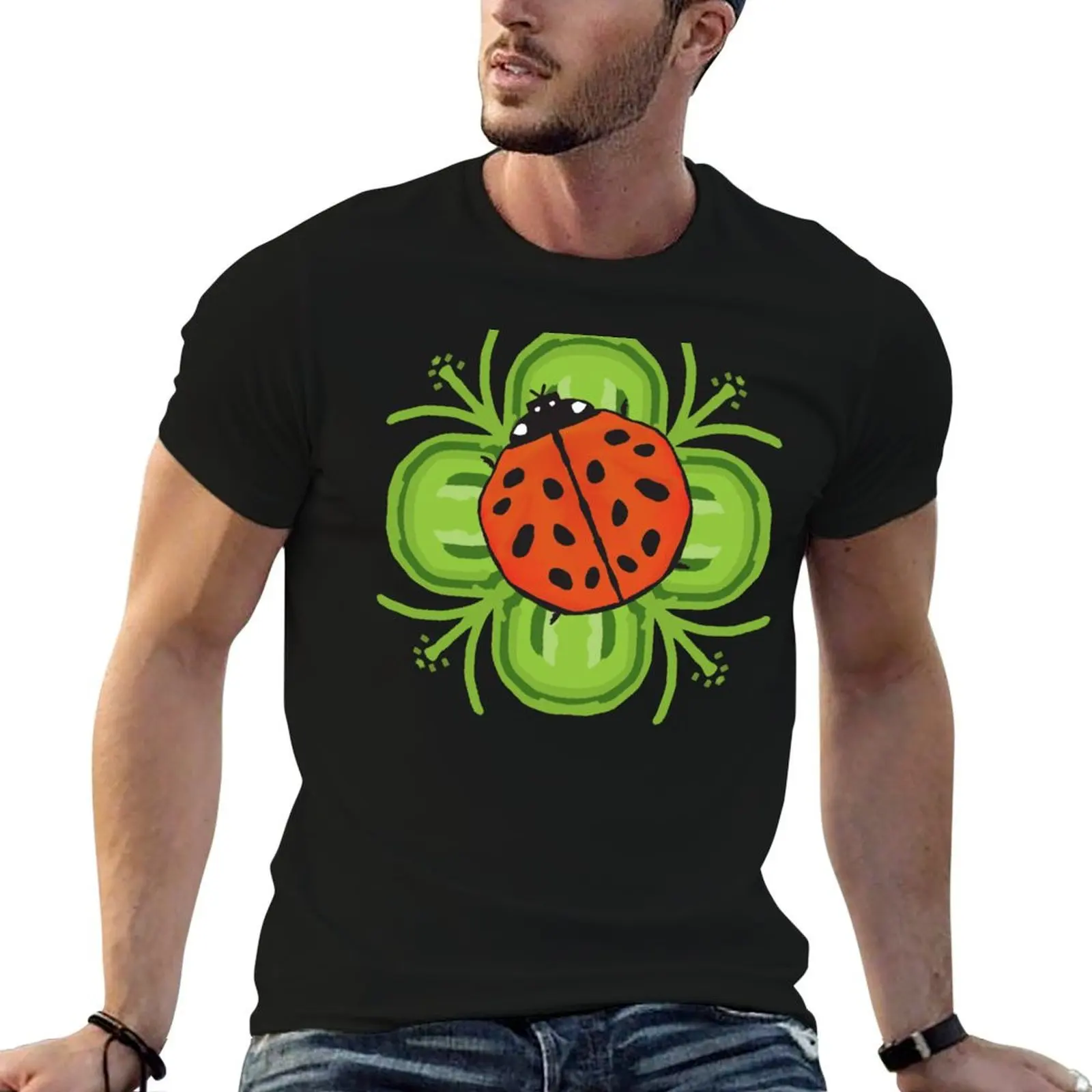 Cute Ladybug on a Four Leaf Clover T-Shirt Plus Size Summer Short Sleeve T-Shirt