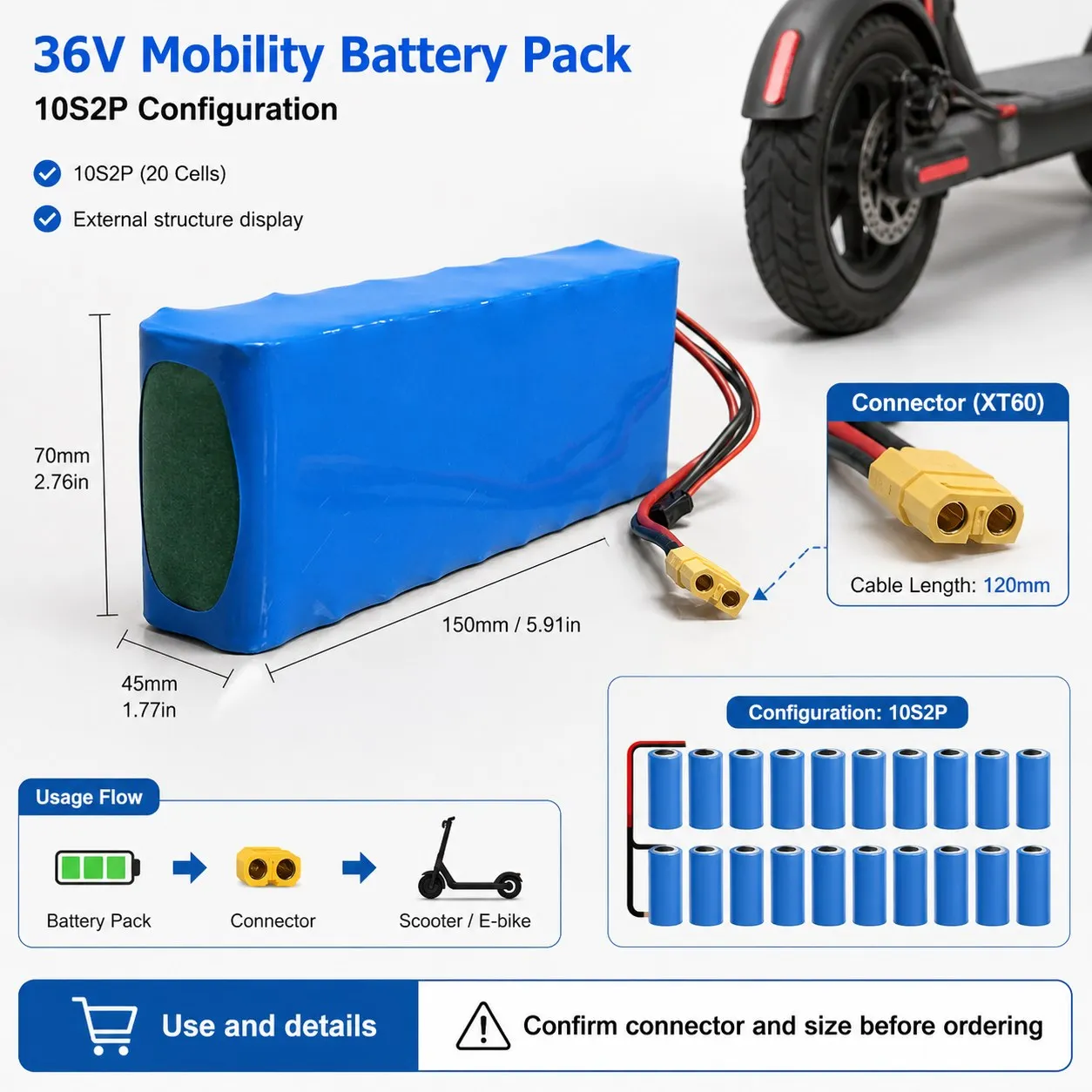 36V 10S2P Li-Ion Battery Pack Replacement for E Scooter E Bike DIY Repair Multi Connector Options Fit Check Before Ordering