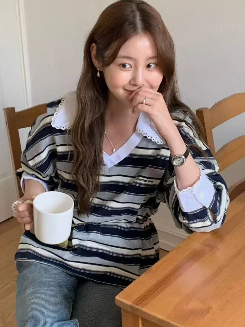 

Шикарная свободная длинная полосатая футболка с v-образным вырезом и кружевной отделкой, женский топ, милый молодежный топ, осеннее новое поступление, повседневное платье