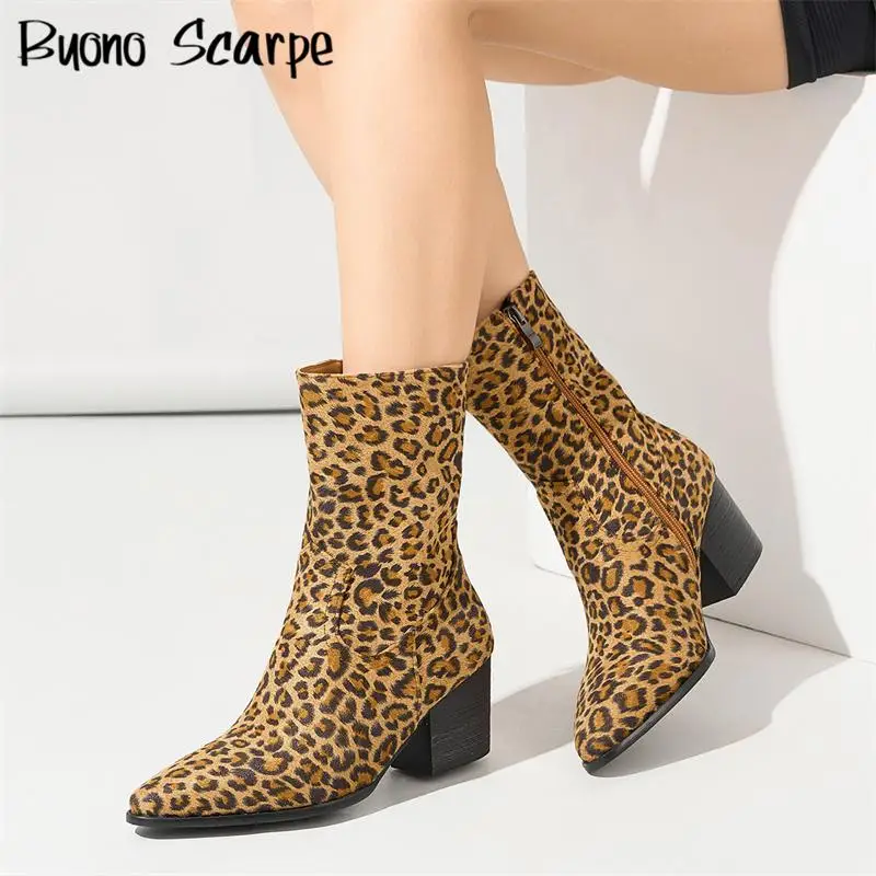 

Женские ботильоны с леопардовым принтом в западном стиле, на высоком каблуке с острым носком, на молнии, большие размеры, замшевая кожа, новая модная лаконичная обувь в стиле ретро