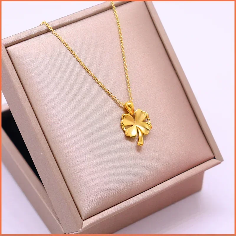 

New 100% Plated Real 999 Gold 18k Necklace Women's Four Leaf Pendant Luxury Lucky Grass Color Chain Does Not Fade For Women's Gi