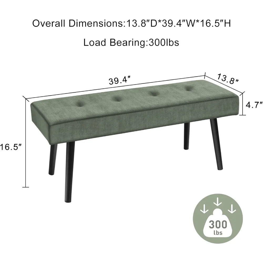 Modern Corduroy Entryway Bench Green Ottoman End of Bed Organizer Padded Seating for Bedroom Living Room Foyer