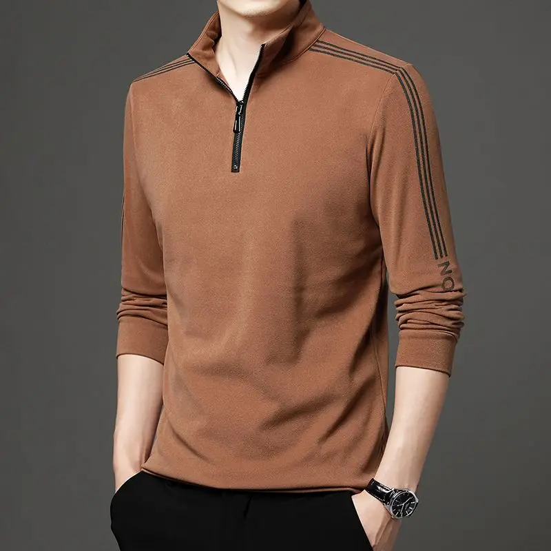 Spring Autumn Men Slim Stripe Long Sleeve Sports T-shirt Korean Clothes Tees Streetwear Fashion Male Zipper Bottoming Casual Top