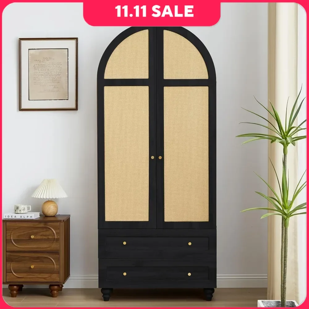 

Wardrobe Closet with 2 Rattan Doors & 2 Drawers, Bedroom Armoires with Hanging Rod, Wardrobe Storage