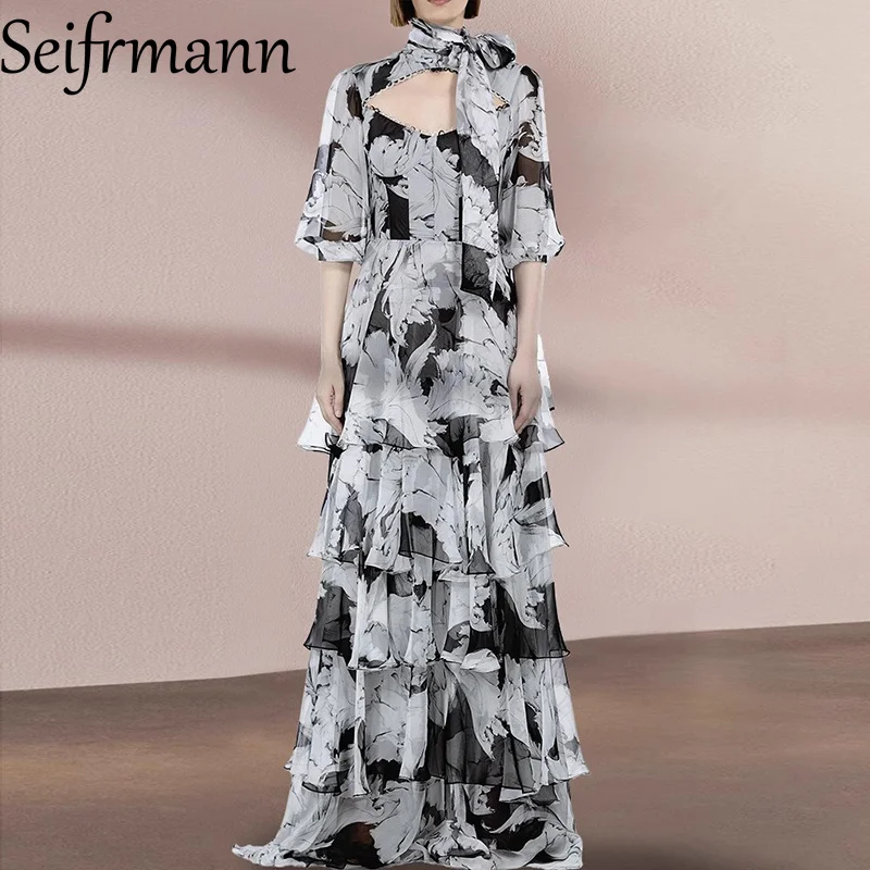 Seifrmann vestido feminino elegante de festa, bolo, verão, meia manga, renda, slim, em camadas, babados, design, vestido de baile