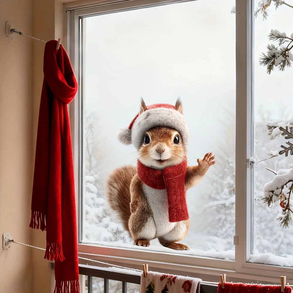 1 قطعة عيد الميلاد السنجاب نافذة ملصق مع وشاح سانتا قبعة ساكنة تتشبث الشتاء الباب الزجاج الديكور للمنزل مكتب مقهى