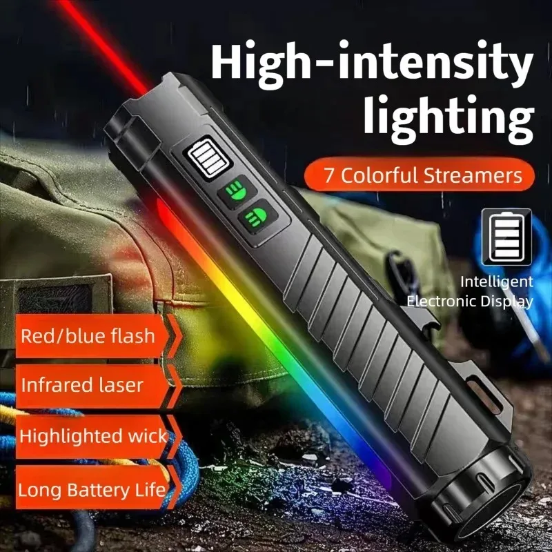 

Многофункциональный портативный фонарик, красный лазерный фонарик-ручка, RGB, меняющий цвет, боковой светильник, зарядка через USB, уличный аварийный рабочий фонарь