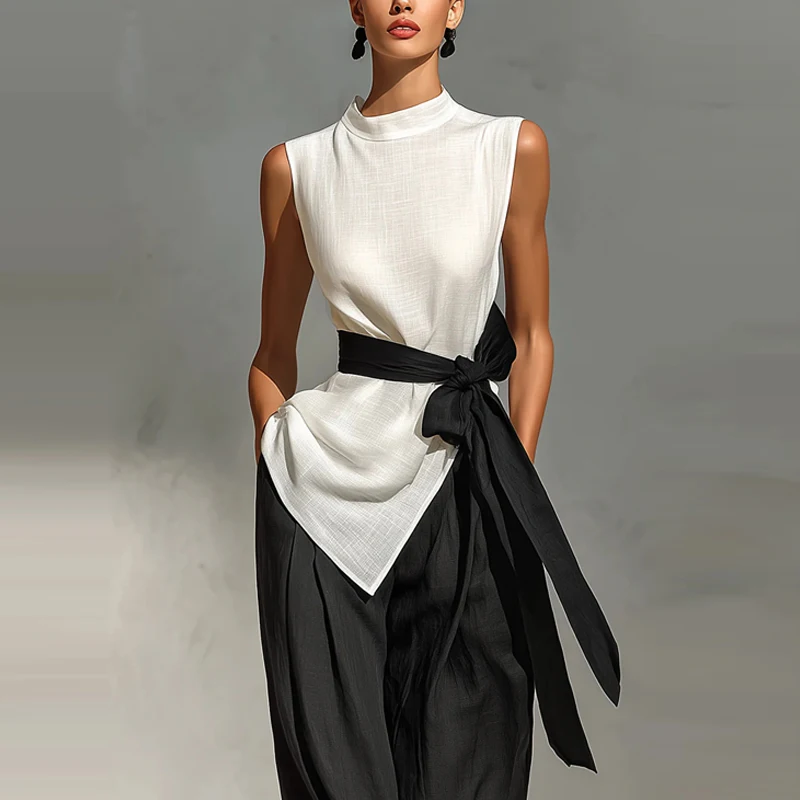 

Женский модный комплект из 2 предметов: сексуальный асимметричный свободный летний костюм с кружевной шнуровкой на талии, элегантный топ без рукавов с круглым вырезом и длинные брюки