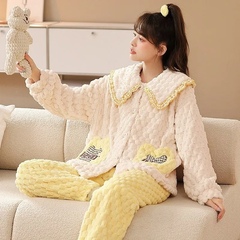 

2023 New Pajamas Women Winter Autumn Add Fleece Thickening Cute Sweet Lady Can Wear Home Suit Lapel Warm Sleepwear