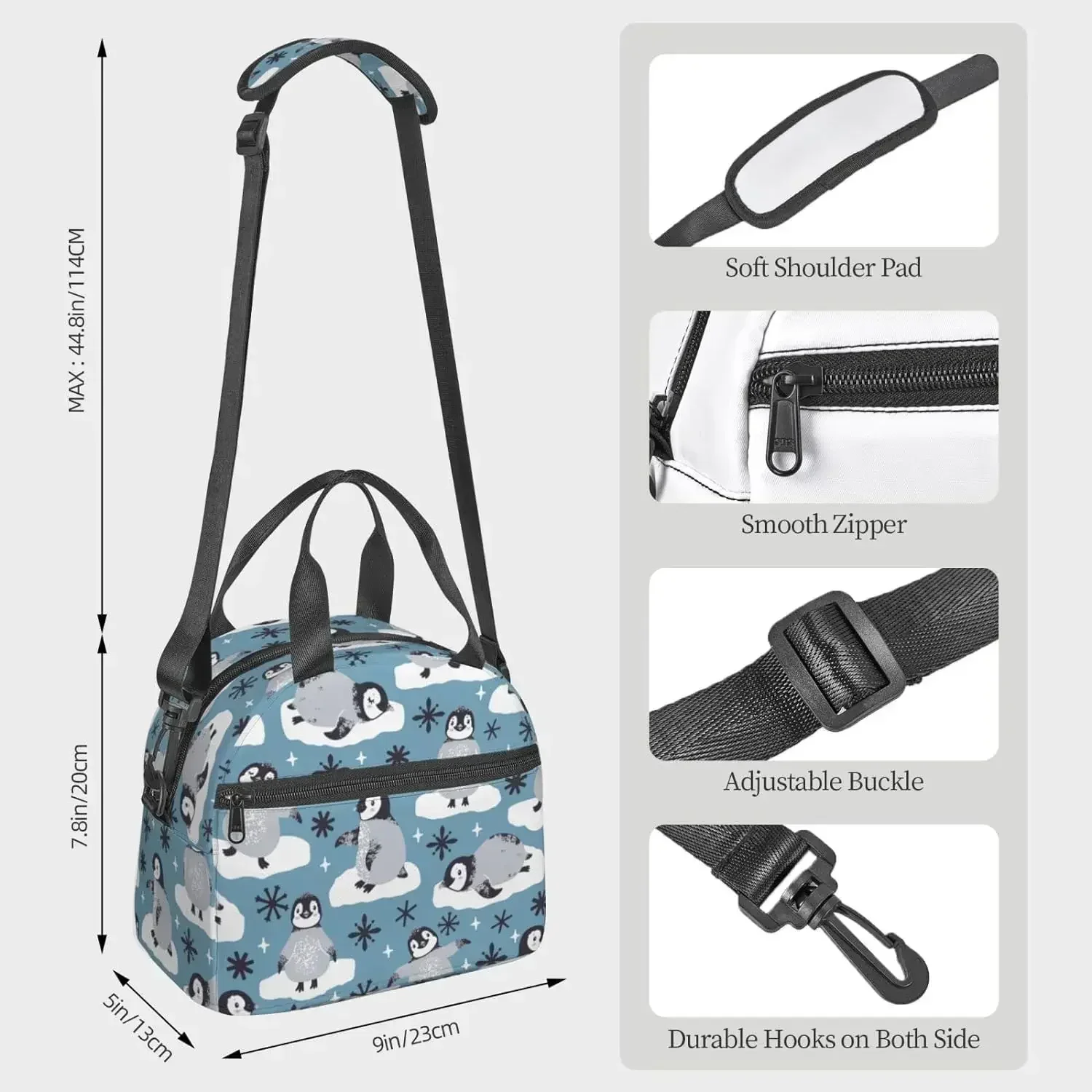 

Cute Penguins and Snowflakes Reusable Insulated Lunch Bag for Women Men Novelty Lunch Tote Box with Adjustable Shoulder Strap