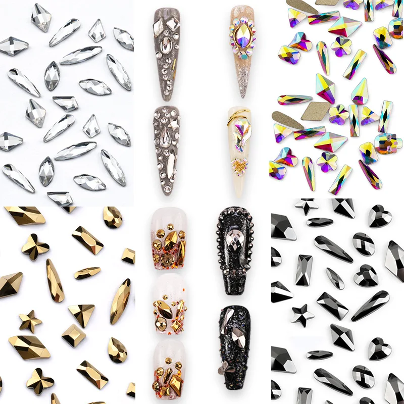 QIAO 100pcs Colorful Shaped Rhinestones Shiny Crystal Diamond Stone Nail Gems Flatback for Nail Art Rhinestone Decorations