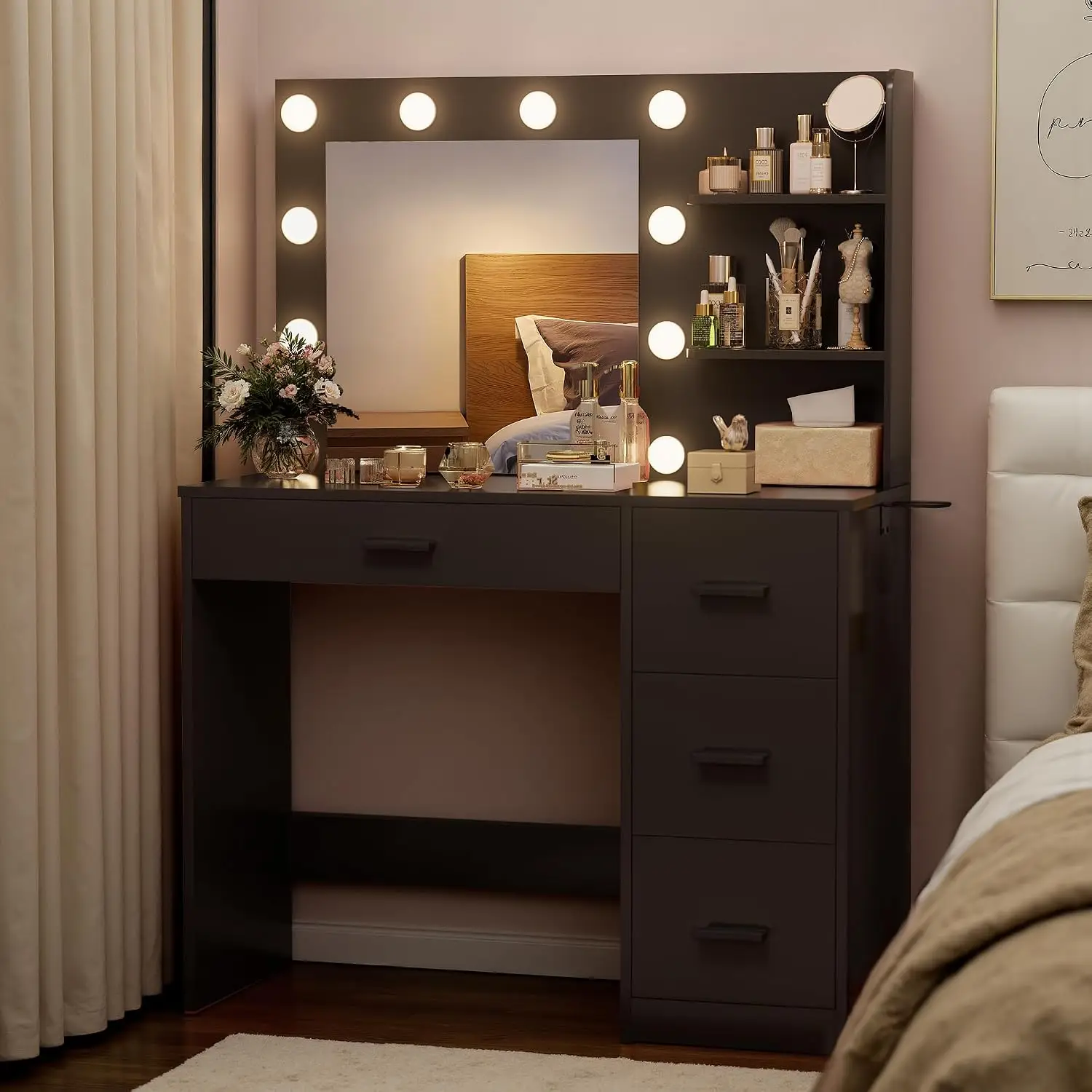 Furmax Vanity Desk with LED Lighted Mirror&Power Outlet, Makeup Vanity Table with 4 Drawers, 3 Open Storage Shelves, and 3 Color