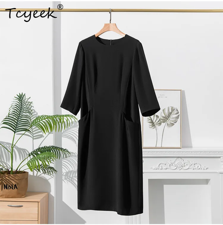 Tcyeek, vestido elegante de seda Natural al 9%, vestido liso con manga 3/4 y cuello redondo para mujer, vestidos OL de fiesta a la moda, verano otoño 2024 D46943QM