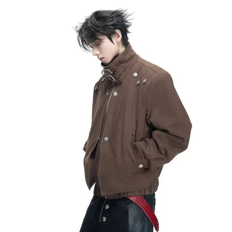 LUZHEN 2026 New Solid Color Belt Buttoned Decorate Patchwork Stand Neck Casual Jacket Men's Fashion Handsome Male Coat JY6756