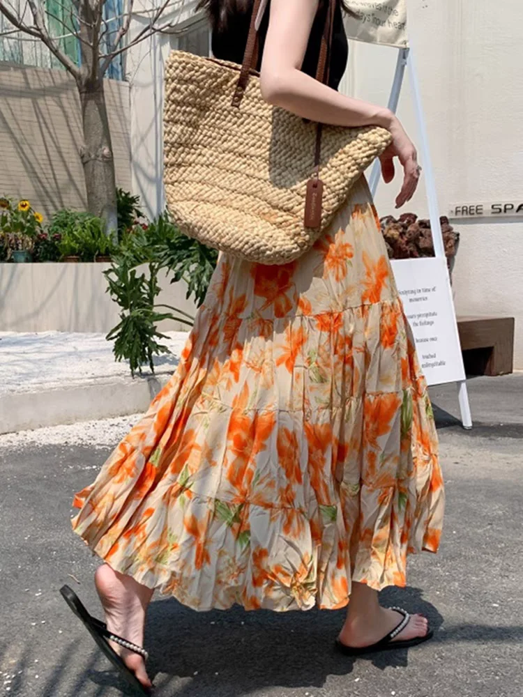 Colorful Bohemian Print Maxi Skirt Summer 2025 High Waist Flowy A-Line Vacation Skirts For Petite Women