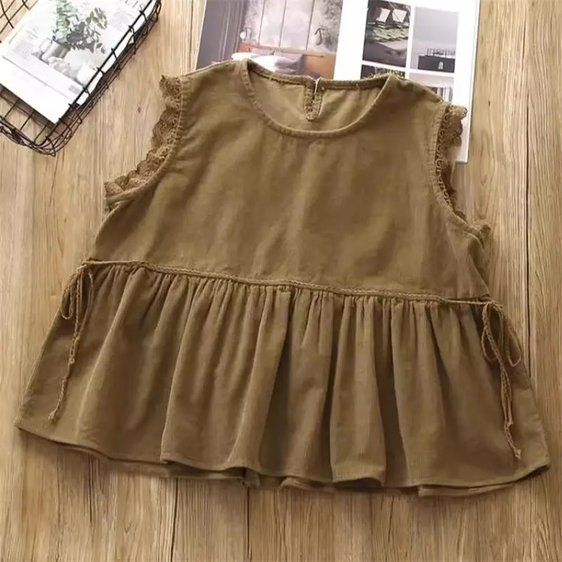 Japanese Wind Sleeveless Corduroy Vest For Women Spring Summer 2024 Lace Edges Cute Doll Style Shirts Trendy Waistcoat K2347