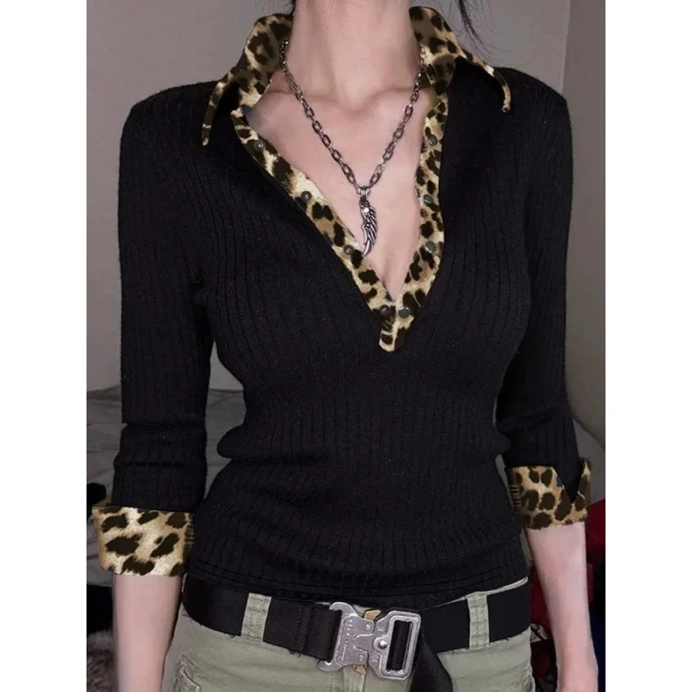 

Black Striped Long Sleeve Blouses Women Korean Sexy V-Neck Slim Casual Shirts Y2K Fashion Elegant Office Lady All-match Midi Top