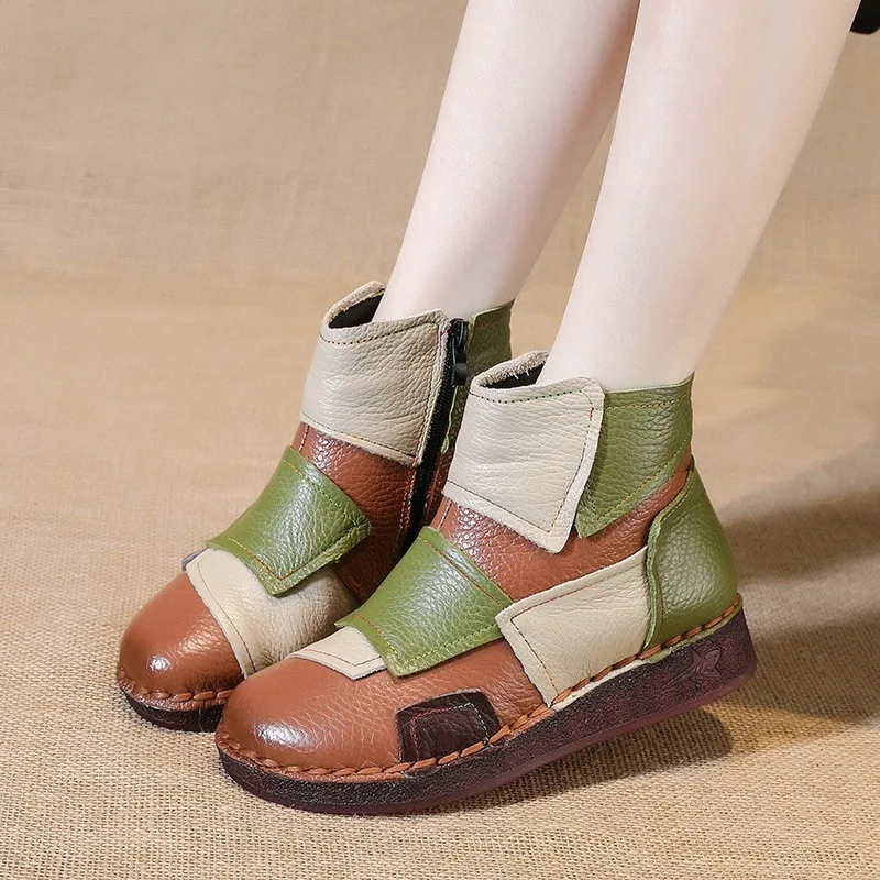Ethnic Style Color Blocked Short Boots for Women in Autumn and Winter, Flat Bottomed Soft Sole, Comfortable and Casual Mom Shoes