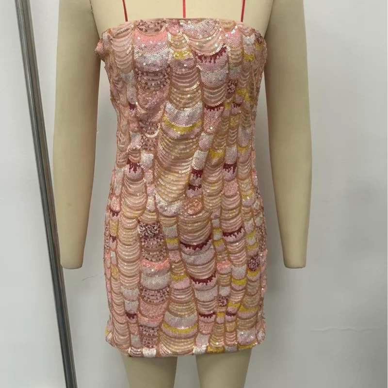 Paillettenkleid, rückenfrei, figurbetont, trägerlos, Minikleid, Damen, elegant, ärmellos, schmaler Rock, 2025, Mädchen-Party, neues Tuch – Detail 1