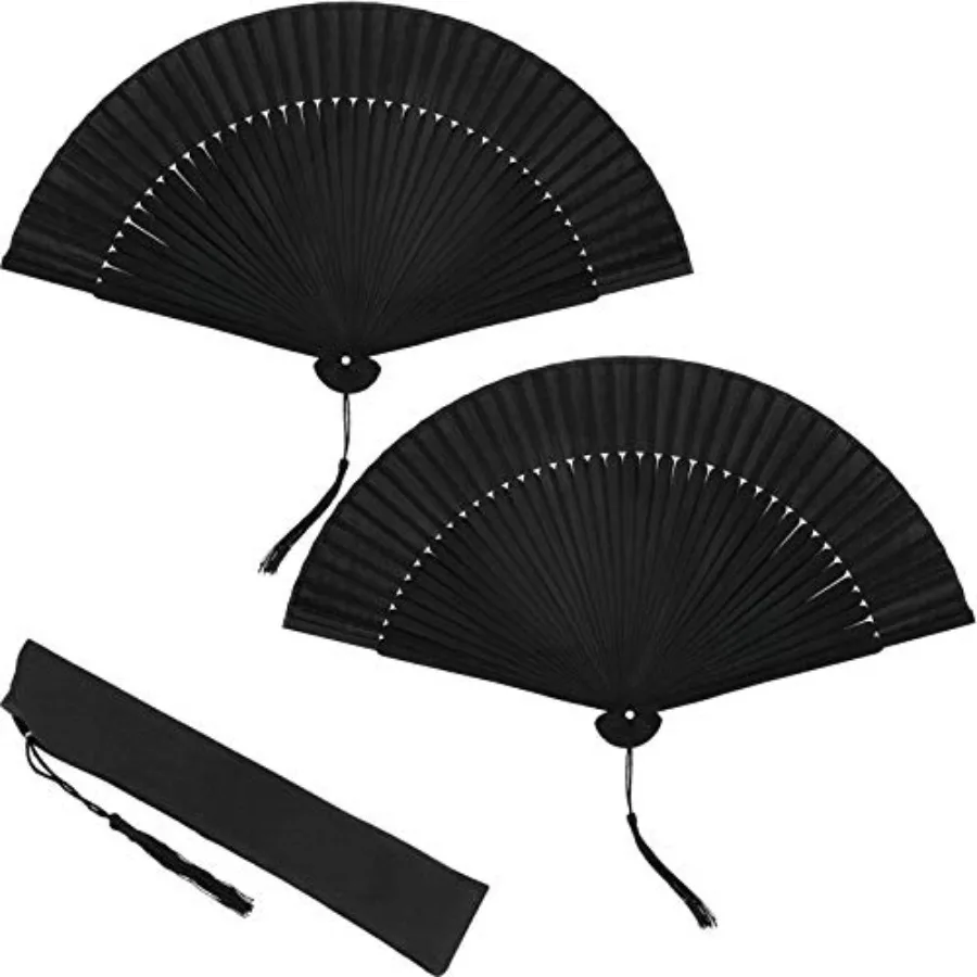 

2 Pcs 8.4" Small Black Folding Hand Fans Bamboo Silk Folding Hand Rave Fan with Tassel for Line Dancing Festival Craft Dance De