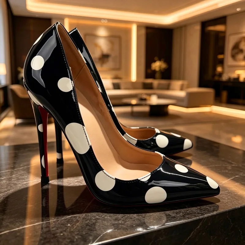 Black and White Polka Dot Pointed High Heels, Women's Patent Leather Fine Order Shoes, sexy French Style Commuting Women's Shoes
