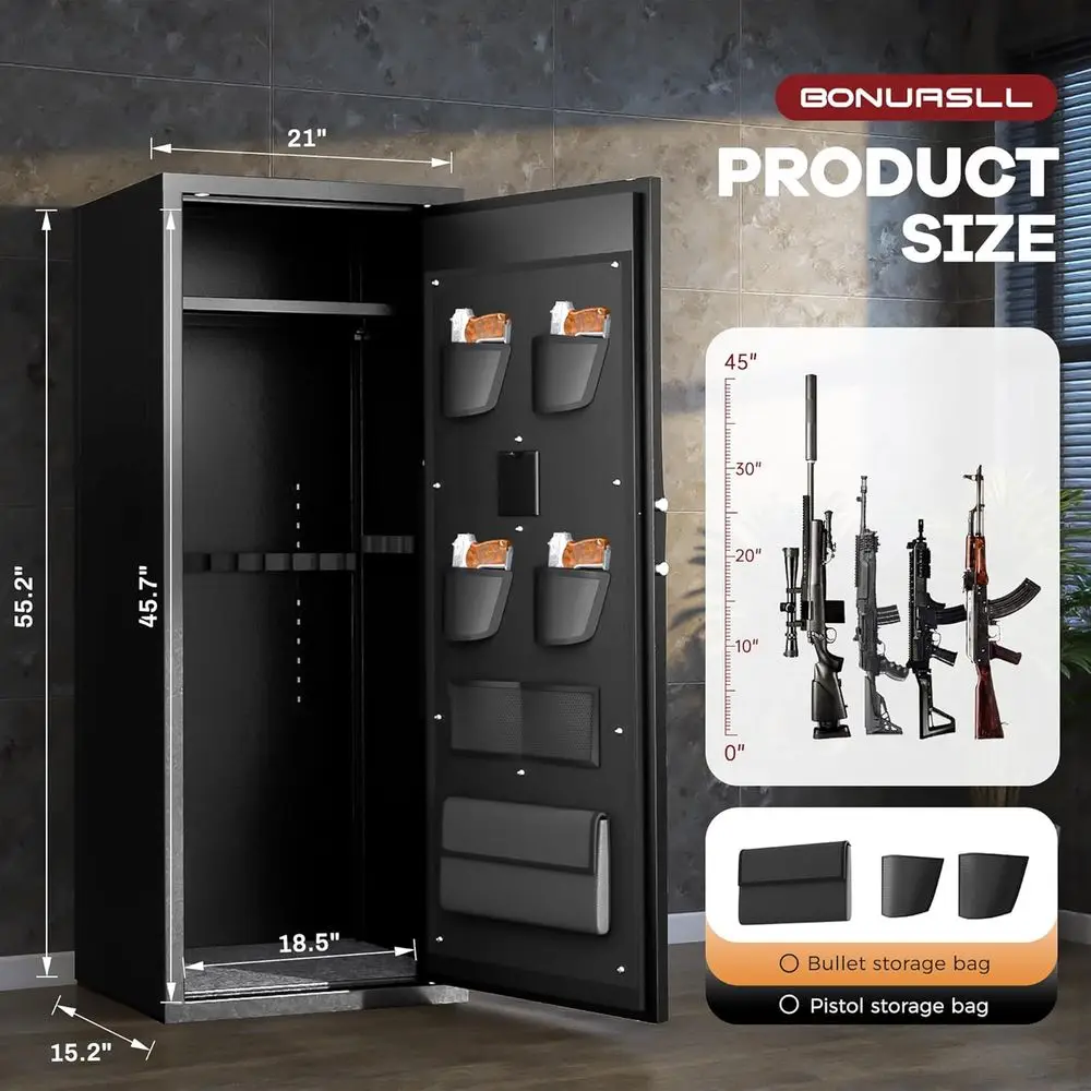 Fireproof Rifle and Pistol Safe with Digital Lock, Adjustable Shelves, and Handgun Pockets for Home Security