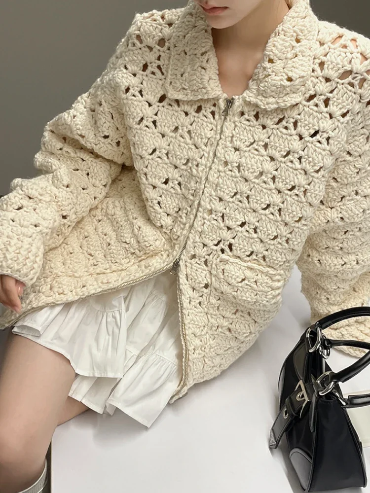 Vintage Wool Blended Crochet Zip Cardigan Hollow Out Flower Knitted Blazer Autumn/Winter Women Handmade Knitwear Outerwear