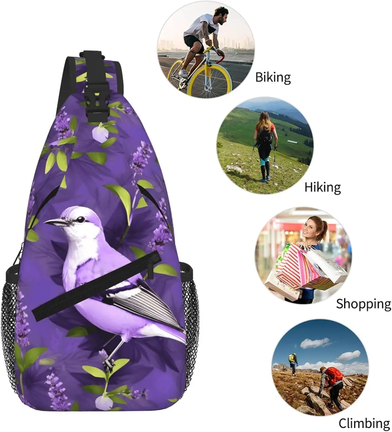 الطيور في الأرجواني الخزامى الأزهار الزهور طباعة حقيبة ظهر صغيرة ذات حمالة حقيبة كروسبودي ، حقيبة الصدر Daypack حزمة مراوح للخارجية