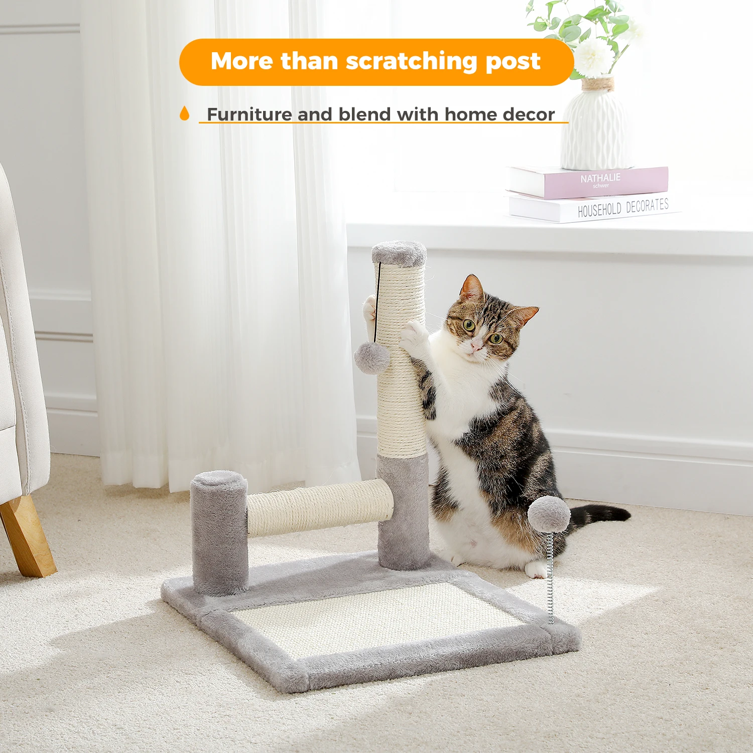 

Cat Scratching Post Pad, Featuring with 2 Sisal-Covered Scratching Posts and Large Bottom Pad with Play Ball Great for Kittens