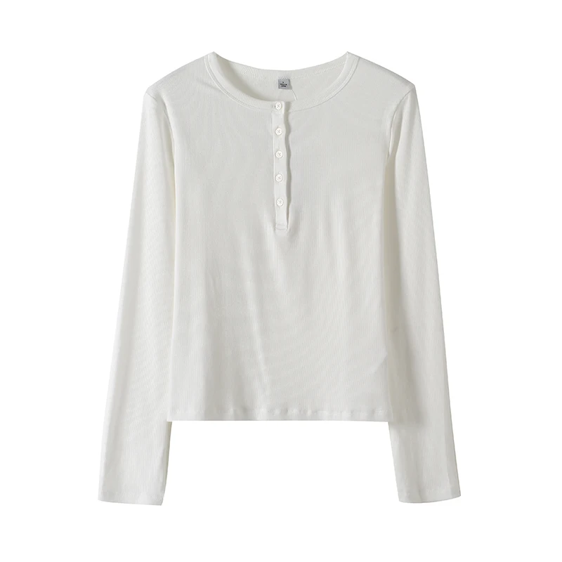 Capa Base versátil irt Henry Collar f frente abierto acanalado elástico ajustado largo Sve camiseta mujer otoño Casual Sle