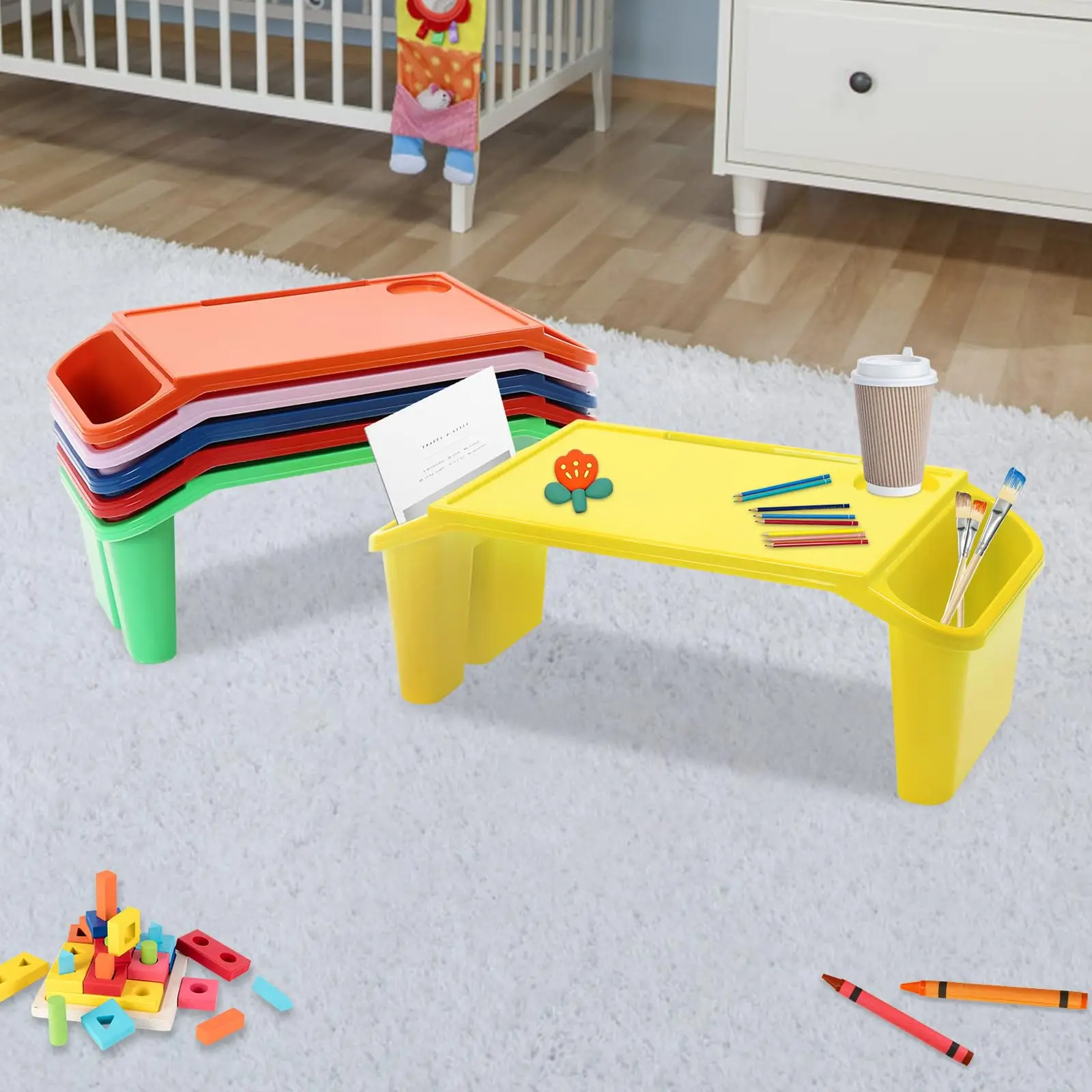 6 Pcs Kids Lap Desk with Side Pocket, Multipurpose Activity Dining Table, Portable Lap Desk for Work, Study, Gaming, Arts, Crafts