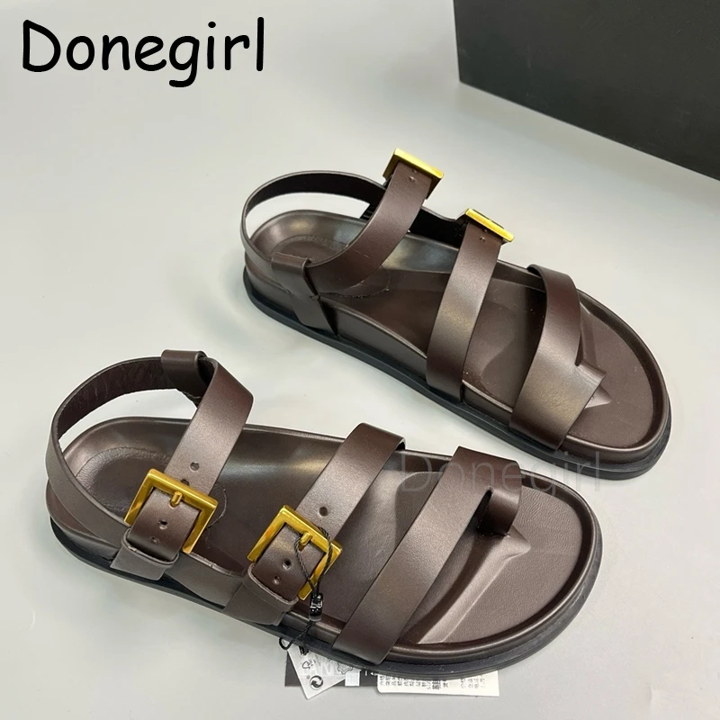 

Donegirl Genuine Leather Roman Sandals Summer Outdoor Casual Open Toe Strap Buckle Back Strap Solid Color Fashion Women Sandals