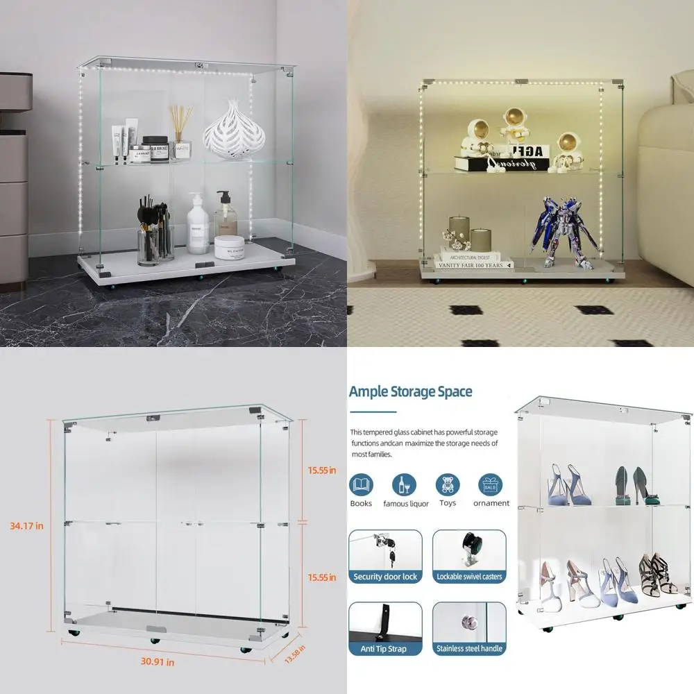 Modern Rolling Glass Curio Cabinet with LED Lights, 2 Doors, 2 Shelves, Lockable, 34.17 High