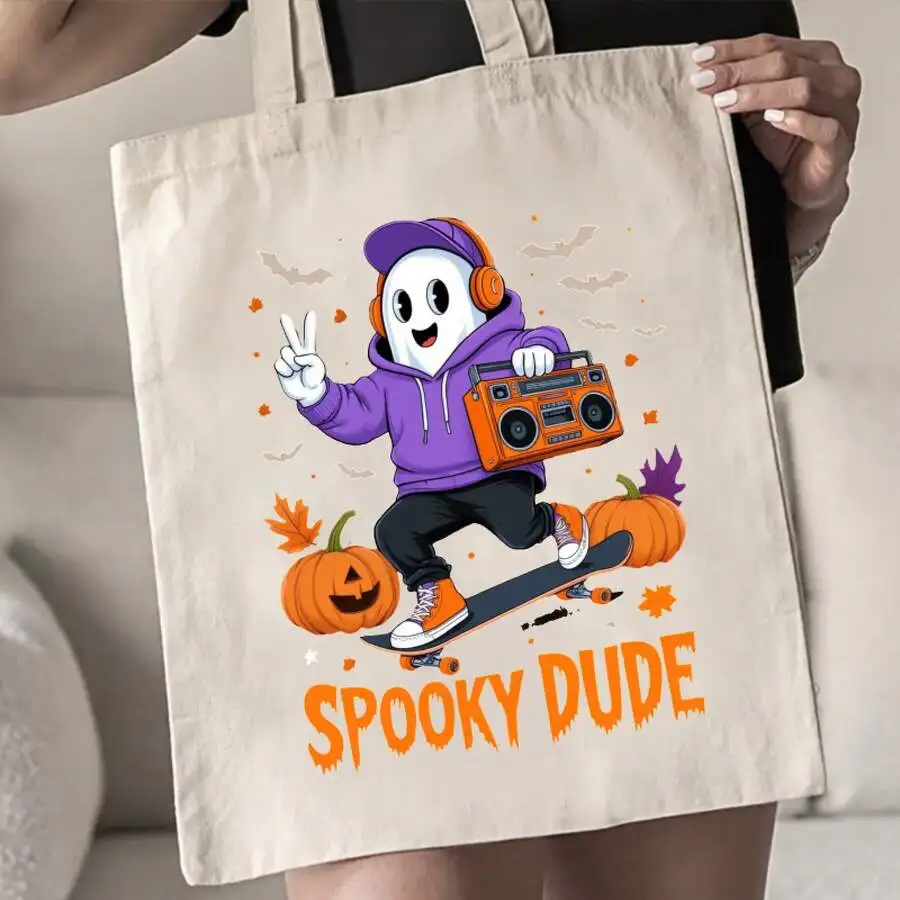 

Halloween Tote Bag With Spooky Dude Skateboard Design Unisex Canvas Bag For Party Costume Everyday Use