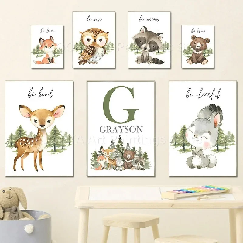 Bear Fox Rabbit Deer Raccoon Owl Woodland Animals Nursery Wall Art Canvas Painting Custom Poster Prints Pictures Kids Room Decor