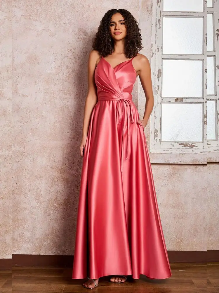 Pleated V-neck Satin Maxi Dresses With Pockets