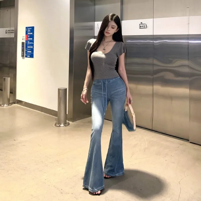 American Hot Girl Waist Drawstring Design Detachable Flared Elastic Slimming Jeans High Waist Long Pants Casual Summer 2026