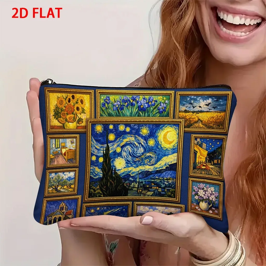 Van Gogh Art Collage Cosmetic Bag, Starry Night Sunflower Print Canvas Zipper Pouch, Fine‑art Lover Travel Makeup Storage Bag