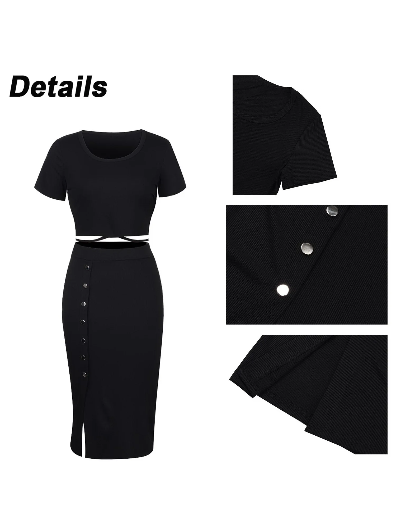 2PCS 2024 Summer Top+Skirt Set Women Solid Short Sleeve Slim T shirts Tops+Sexy Split Skirt Dress Holiday Outfit Fashion Clothes