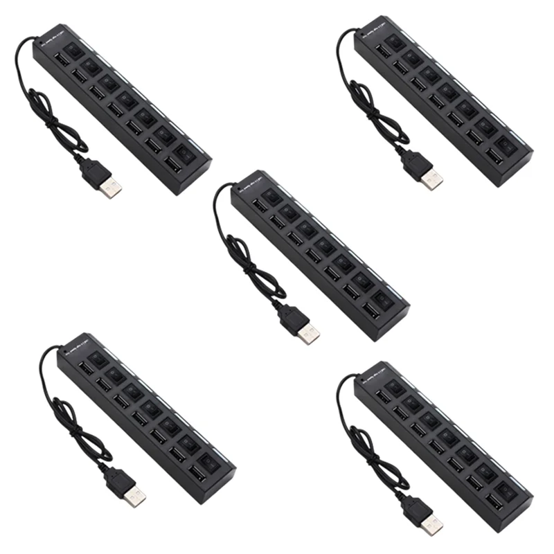 B47C USB Hub موسع 7 منافذ محطة إرساء 5 قطع 7 منفذ Hub أبيض وأسود مع محور الضوء التبديل