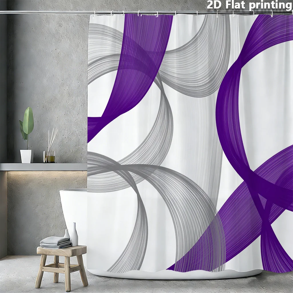 Abstract Flow Shower Curtain – Violet & Charcoal Curved Lines on Cream, Polyester 12 Grommets, Machine Washable