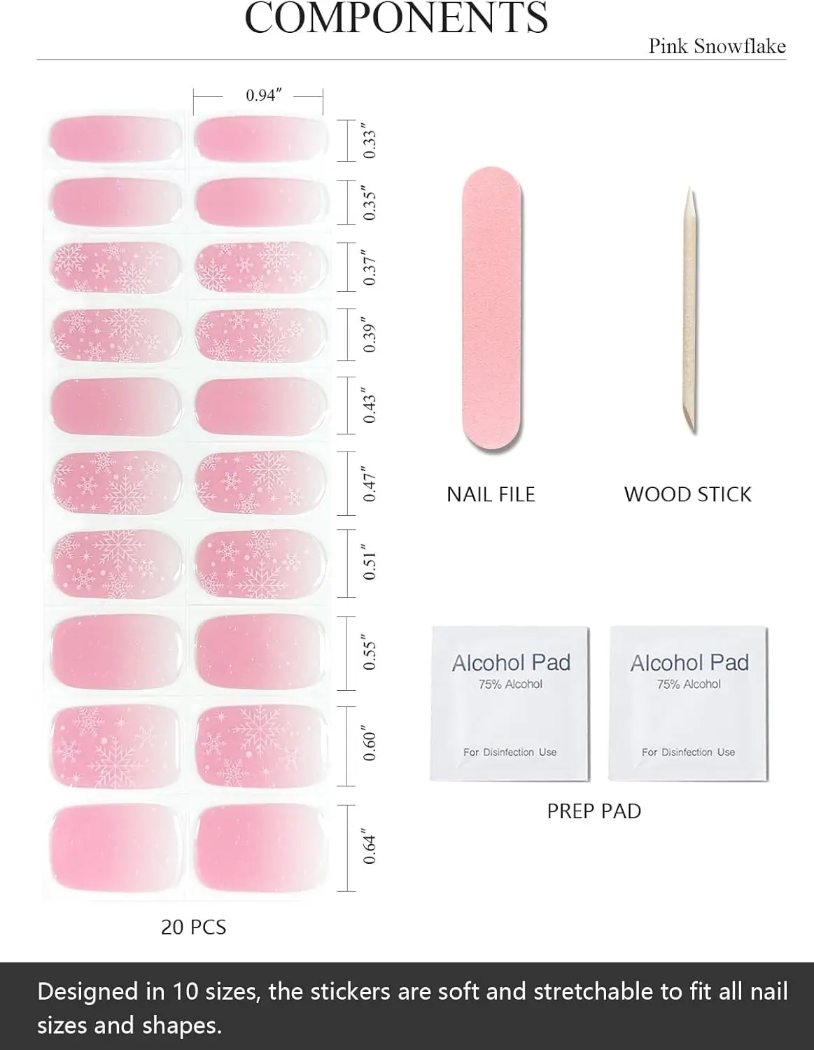 شرائط أظافر جل شبه معالجة على شكل ندفة الثلج الوردية، 20 قطعة من أغطية أظافر عيد الميلاد، جودة الصالون، متوافقة مع مصباح الأشعة فوق البنفسجية