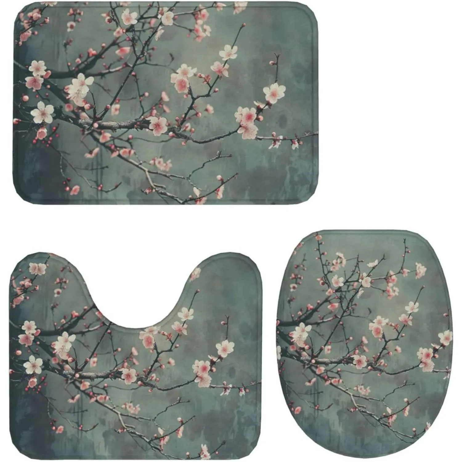 

Набор ковриков для ванной комнаты с вишневыми цветами RV, контурный коврик для унитаза, коврик для ванной и крышка унитаза, мягкий, товары для дома