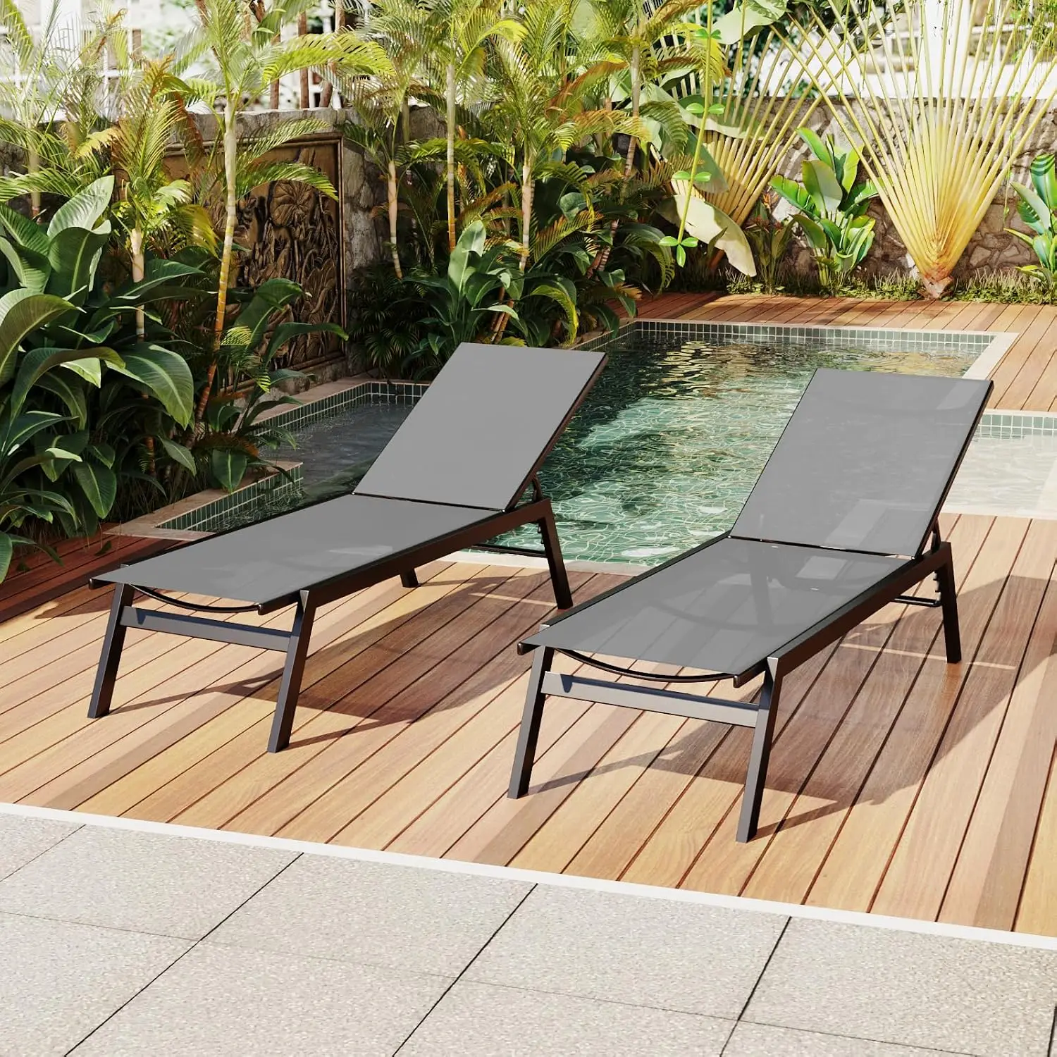 Aluminum Chaise Lounge Set 2,Textilene Patio Chairs,Recliner w/5 Adjustable Backrest,for Yard Poolside Beach,Grey, Customized